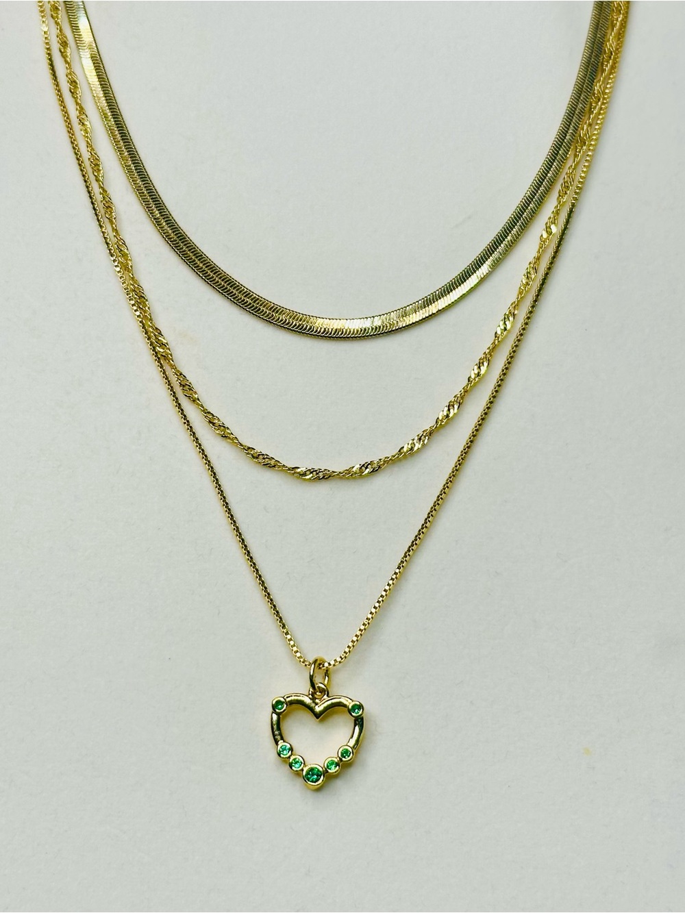 Gold Plated Green CZ Heart Pendant Layered Necklace 3 Chain Set